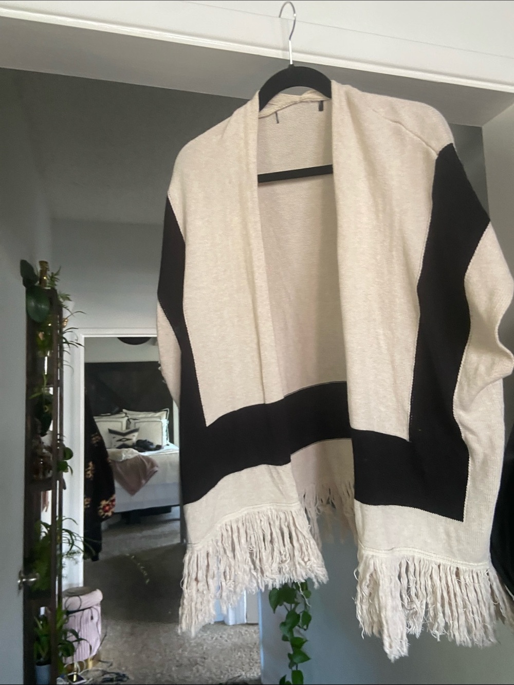 Boho chic Fringed Open-Front Contrast Stripe Sweater - Cream/Black